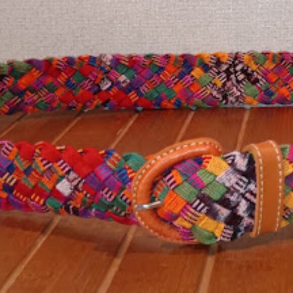 Handmade Mayan Woven Belt Size 42 Colorful Leather Buckle Made In Guatemala - Picture 1 of 3